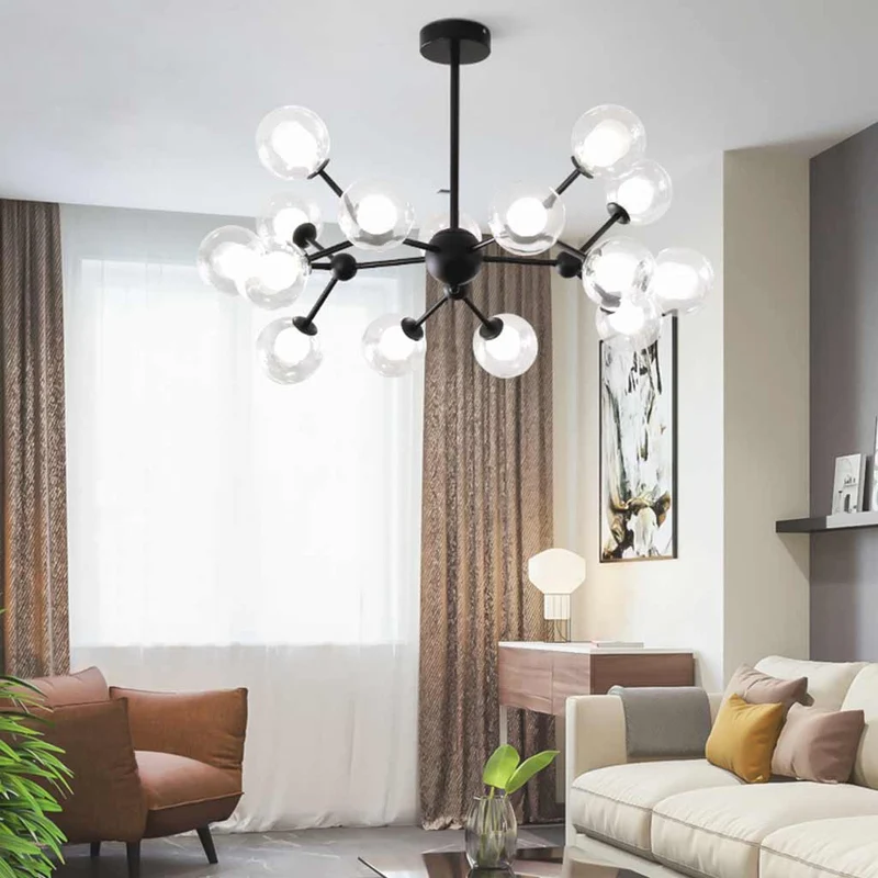 Chandelier Nordic Glass Globe Molecular, Black / Gold