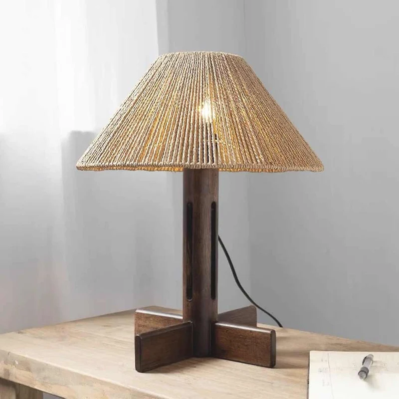 Table Lamp Retro Wood Handmade Rattan Rope Umbrella