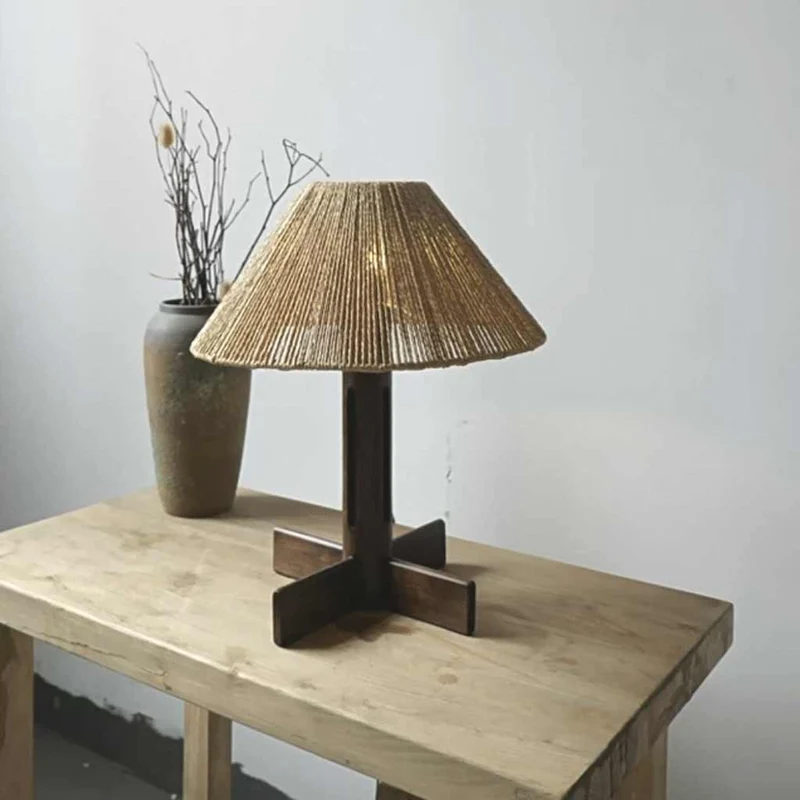 Table Lamp Retro Wood Handmade Rattan Rope Umbrella