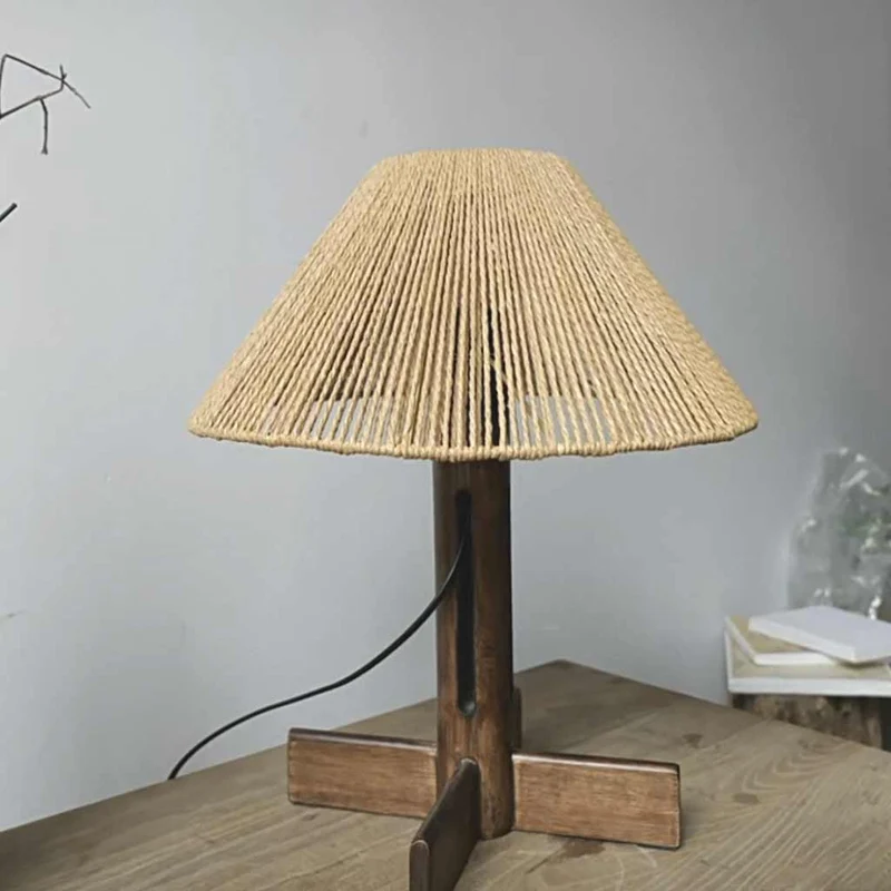Table Lamp Retro Wood Handmade Rattan Rope Umbrella