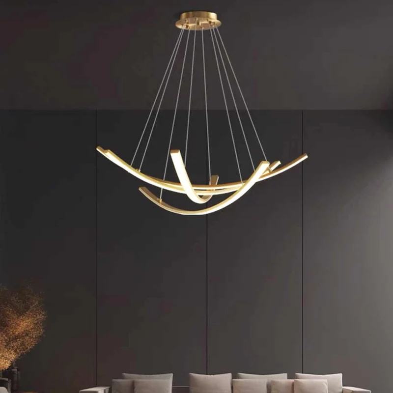 Chandelier Minimalist Brass Arc Curved Cross LED