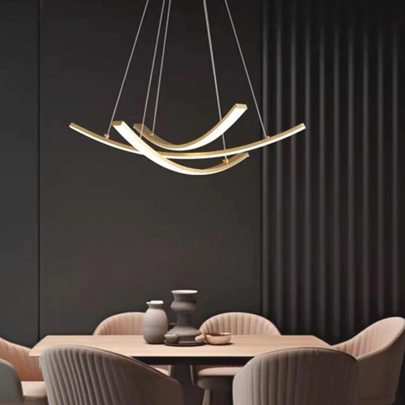Chandelier Minimalist Brass Arc Curved Cross LED