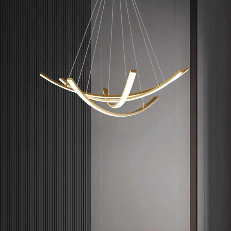 Chandelier Minimalist Brass Arc Curved Cross LED