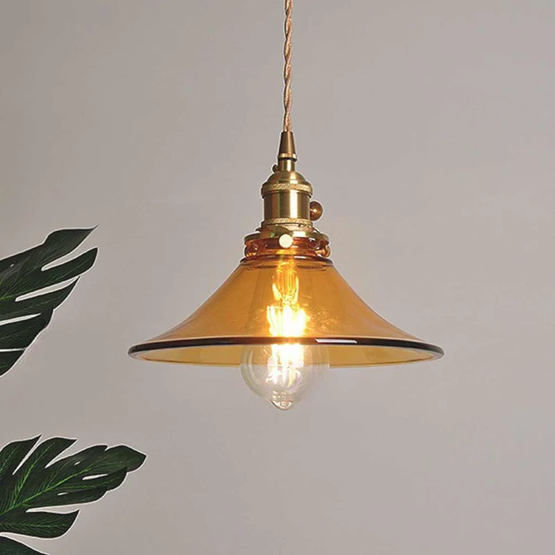 Vintage Brass Amber Glass Horn Shaped Hanging Light