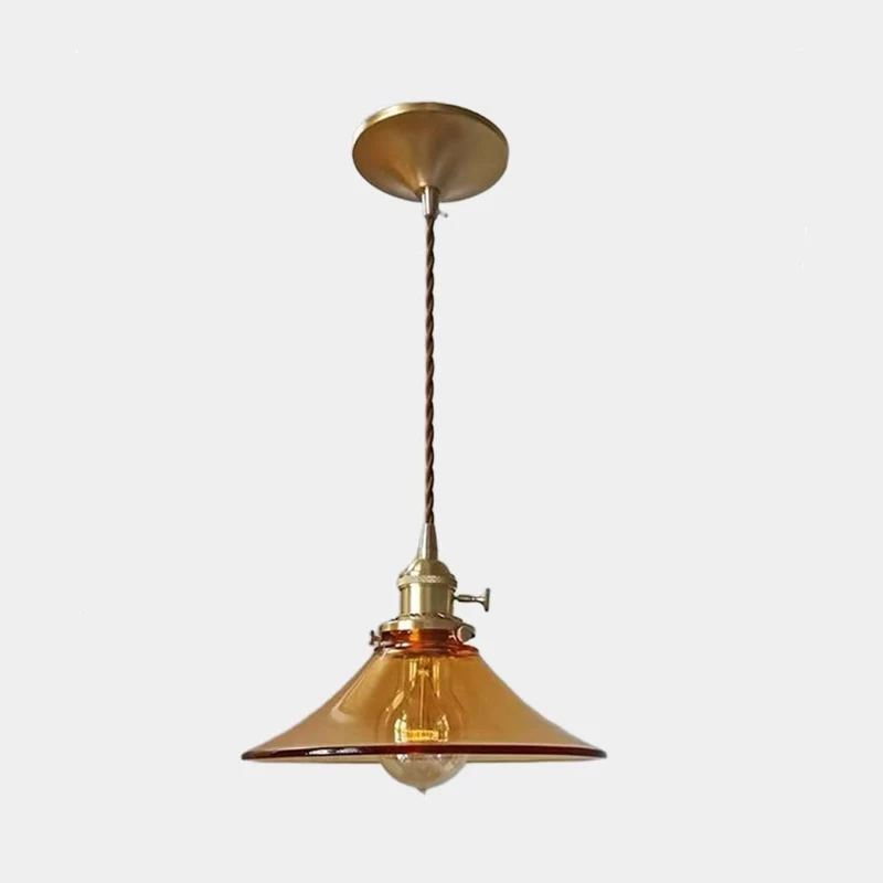 Vintage Brass Amber Glass Horn Shaped Hanging Light