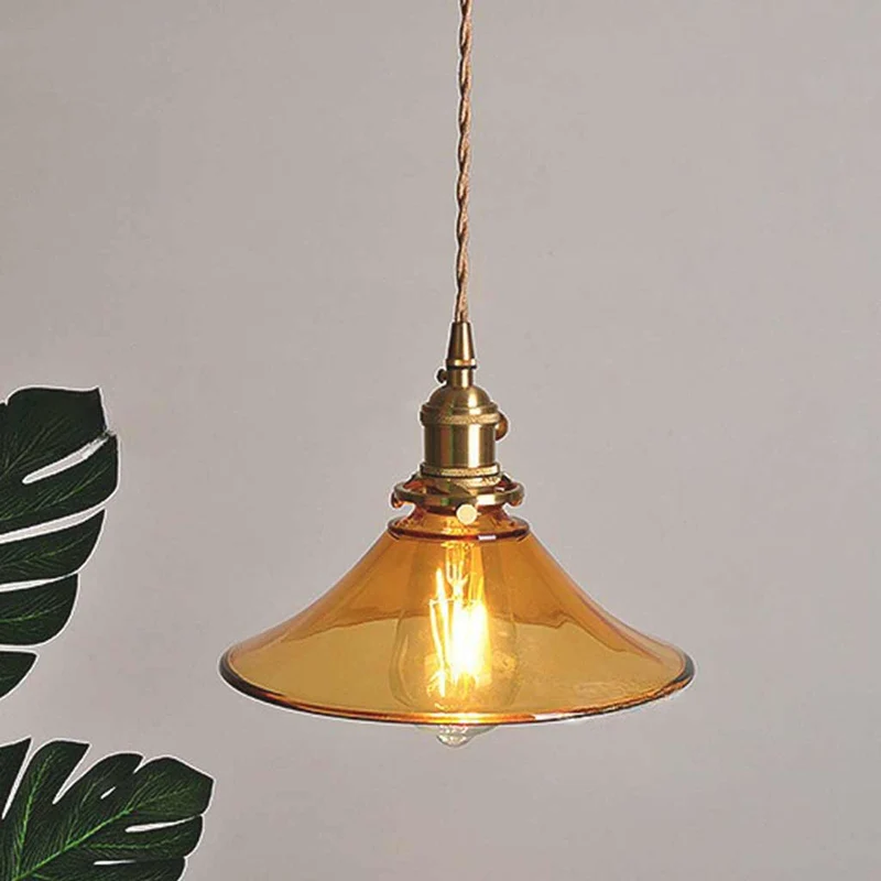 Vintage Brass Amber Glass Horn Shaped Hanging Light