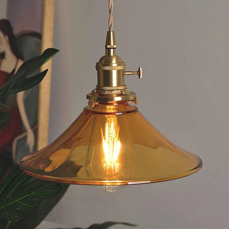 Vintage Brass Amber Glass Horn Shaped Hanging Light
