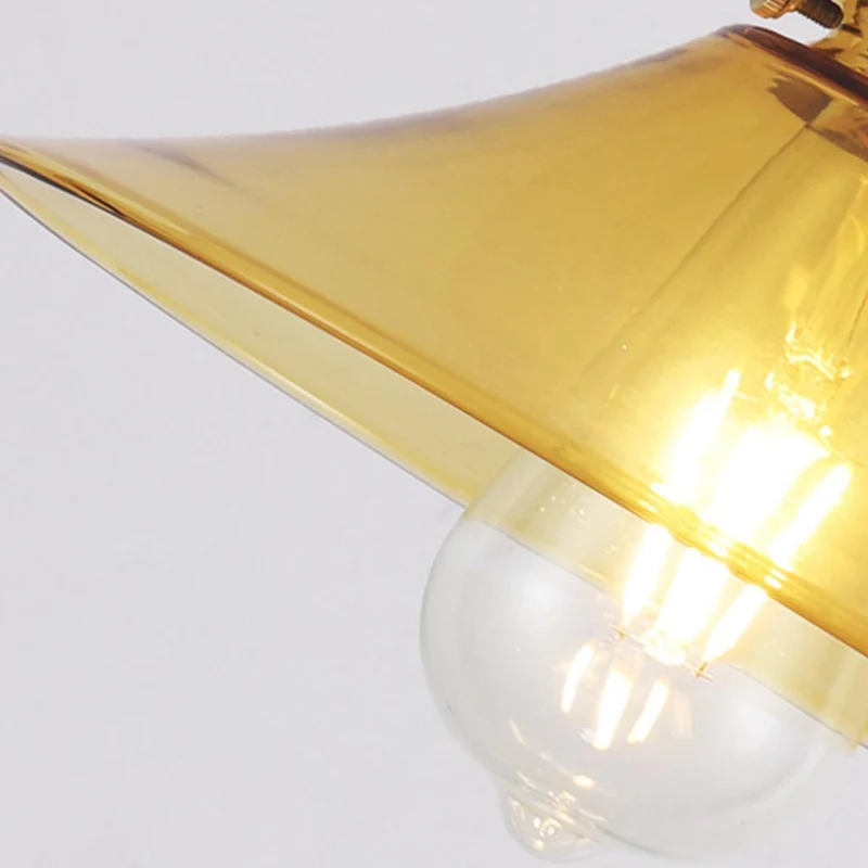 Vintage Brass Amber Glass Horn Shaped Hanging Light