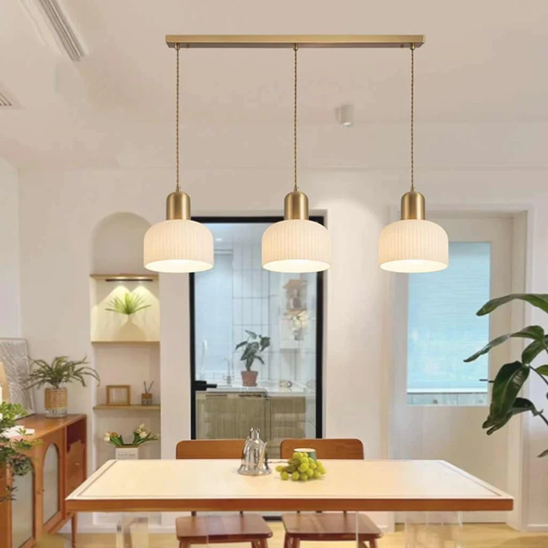 Pendant Light Japandi Cream Ribbed Glass Dome Shade, White