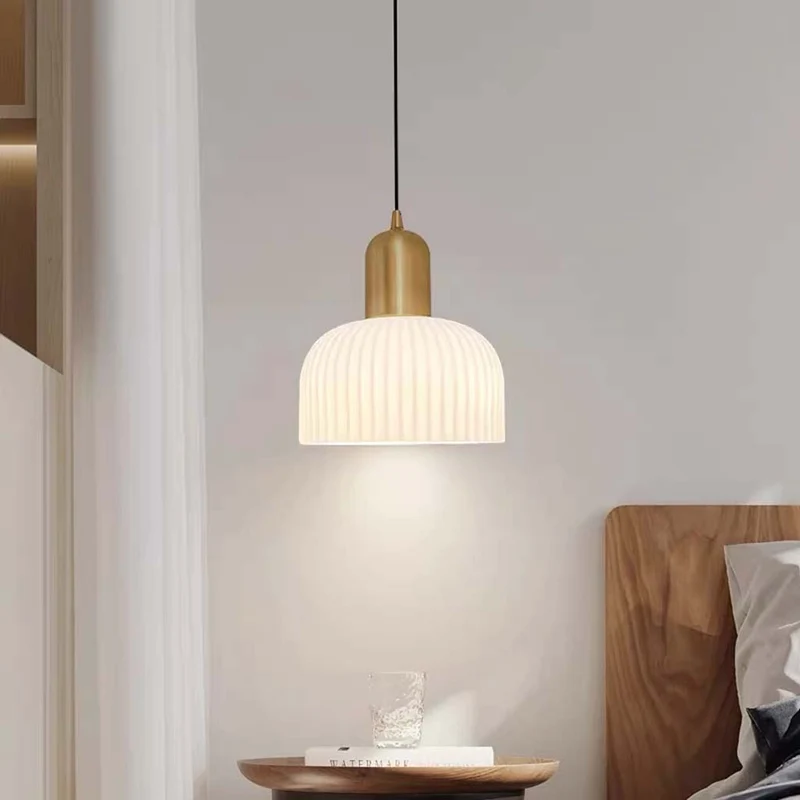 Pendant Light Japandi Cream Ribbed Glass Dome Shade, White