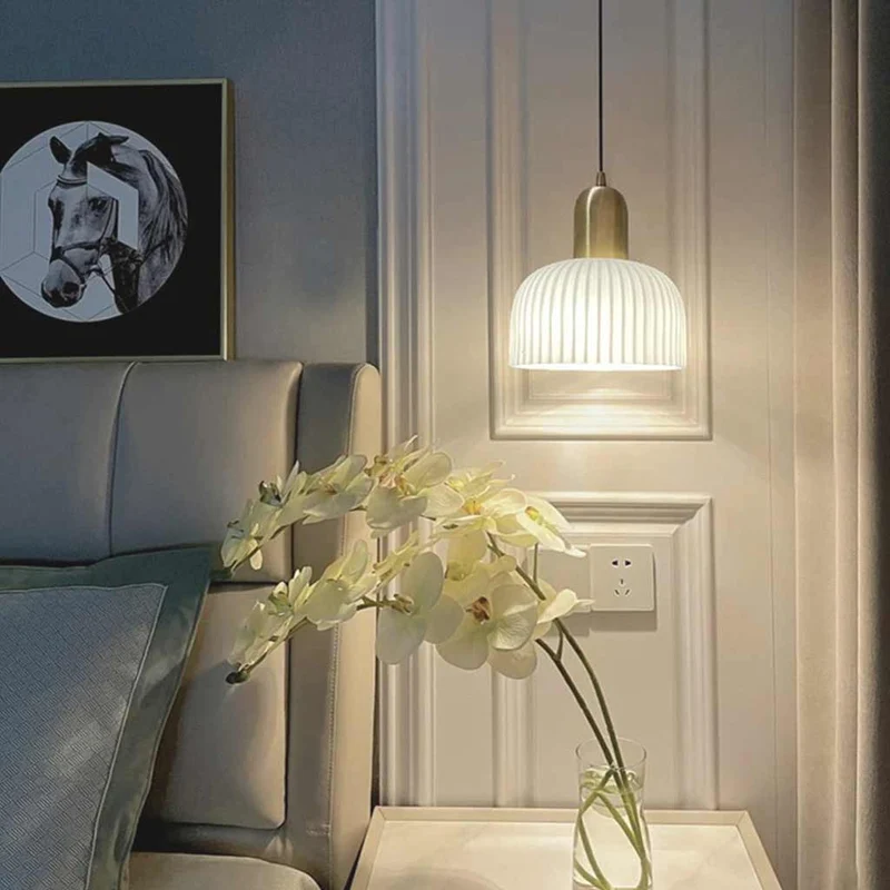 Pendant Light Japandi Cream Ribbed Glass Dome Shade, White