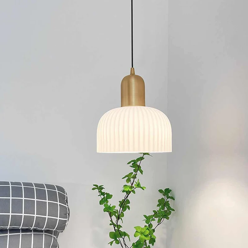 Pendant Light Japandi Cream Ribbed Glass Dome Shade, White