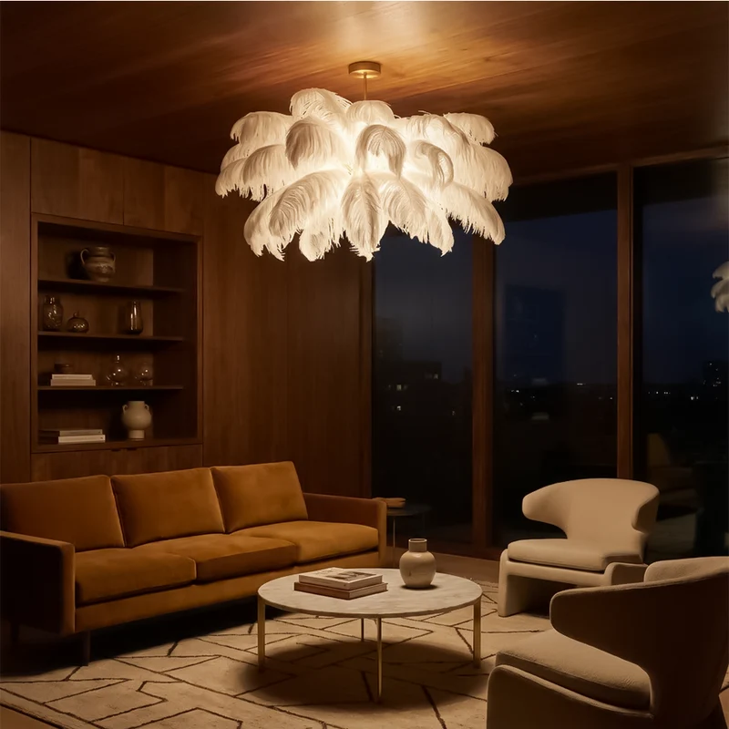 Weiße LED-Deckenleuchte mit Straußenfedern für Wohnzimmer – Featherelle