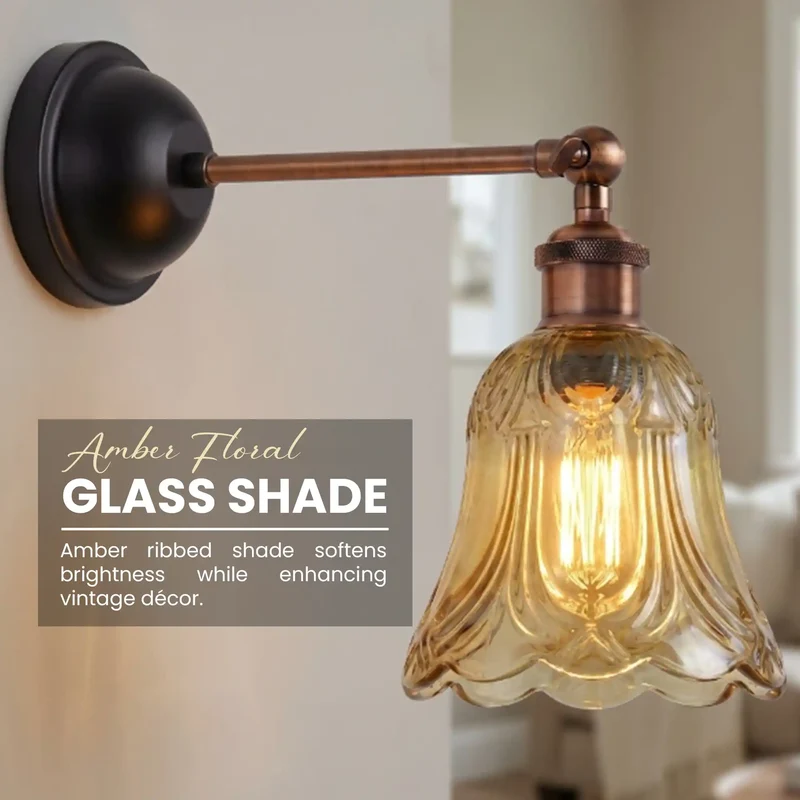 Vintage-Wandleuchte aus bernsteinfarbenem Glas mit E27-Fassung und verstellbarem Arm~3801