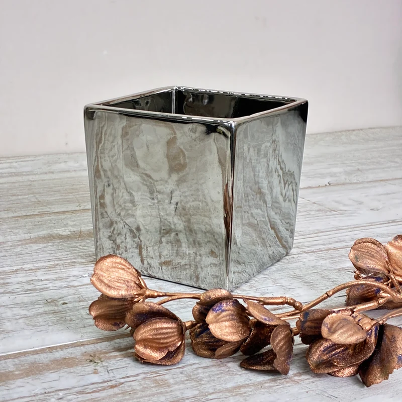 Würfelvase Blumentopf Pflanzentopf Windlicht Silber Metallisch Vase Gebraucht