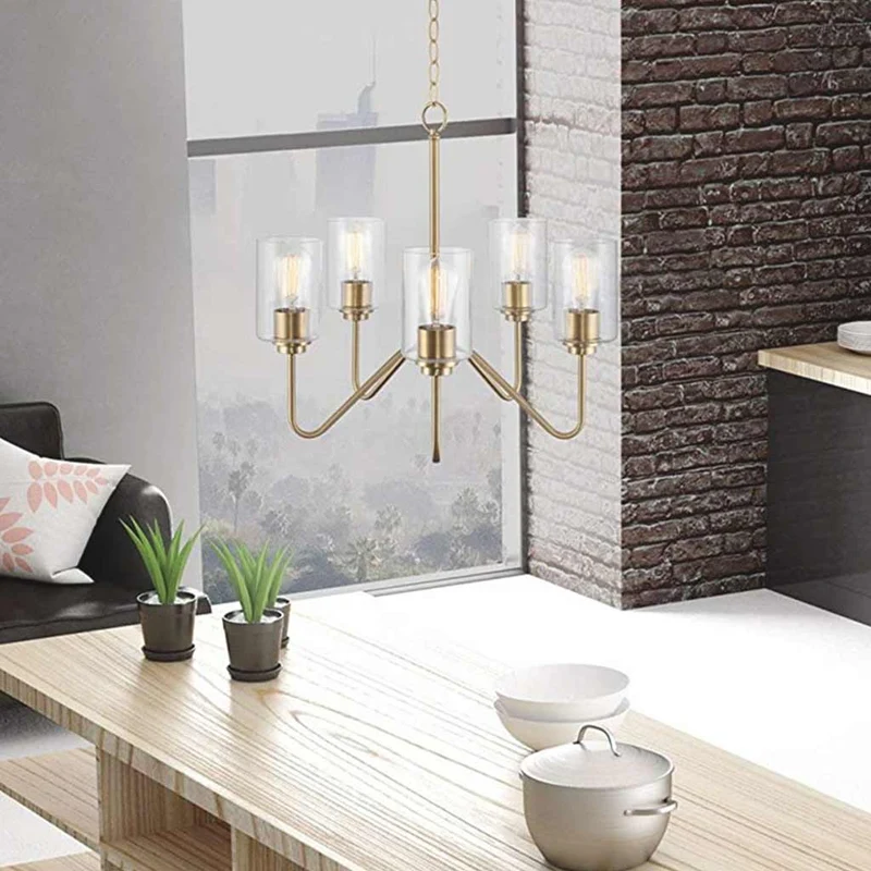 Chandelier Contemporary Iron 5-Light Clear Glass, Nickel / Gold