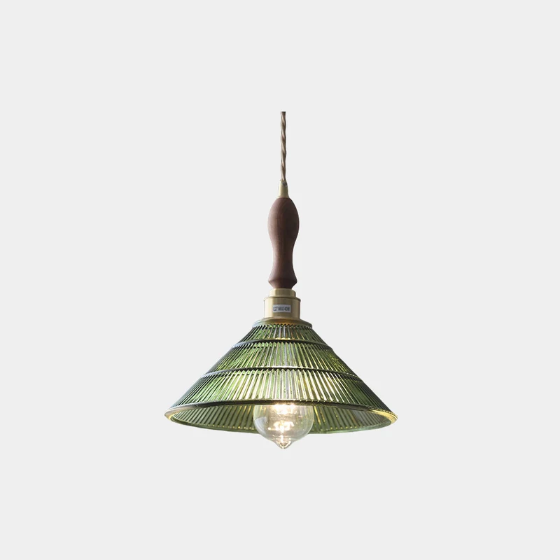 Pendant Light Vintage Brass Ribbed Glass, Green