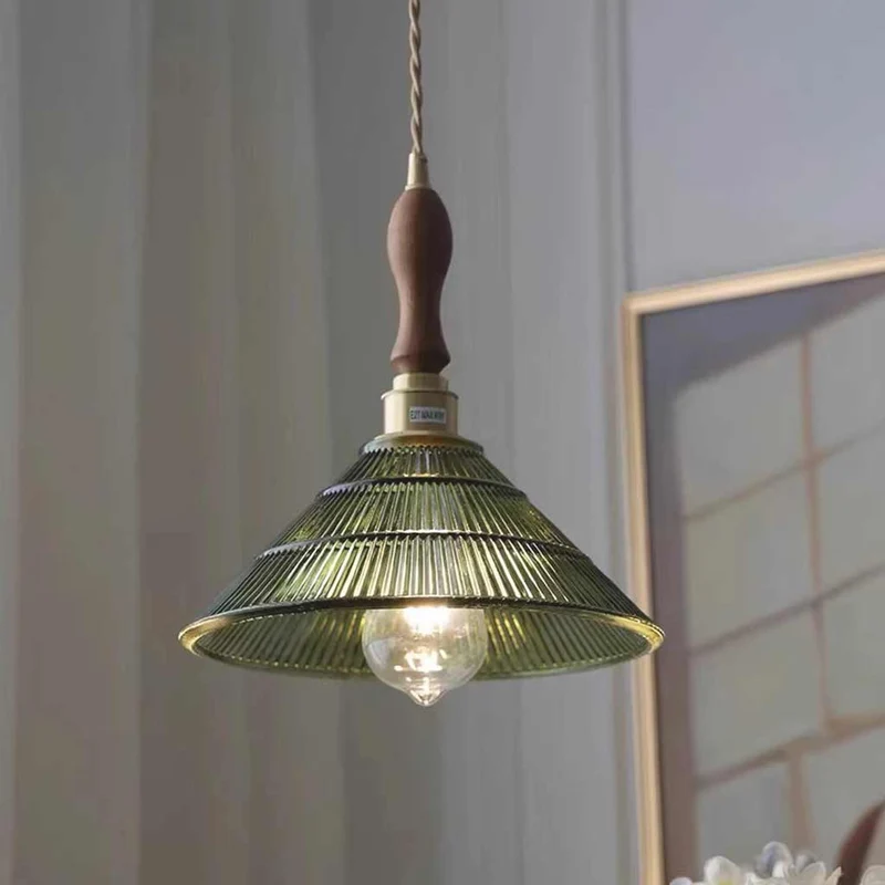 Pendant Light Vintage Brass Ribbed Glass, Green