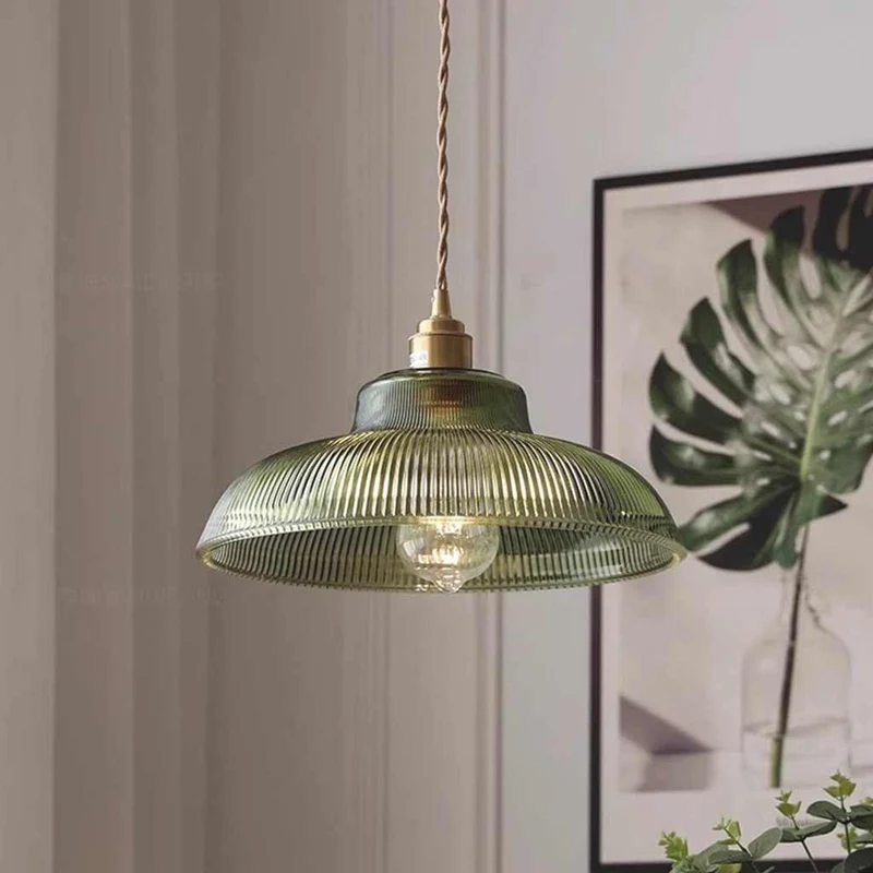 Pendant Light Vintage Brass Ribbed Glass, Green