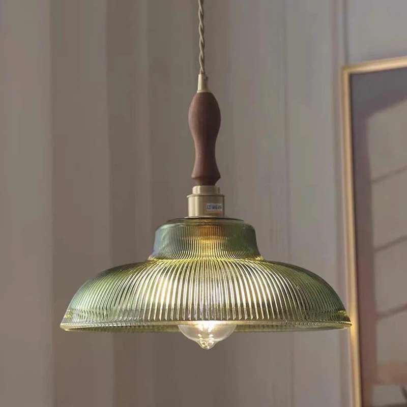 Pendant Light Vintage Brass Ribbed Glass, Green