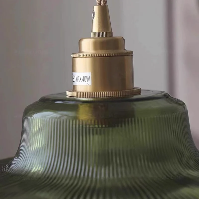 Pendant Light Vintage Brass Ribbed Glass, Green