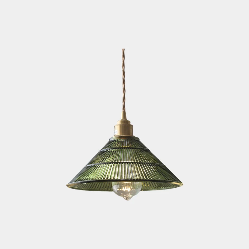 Pendant Light Vintage Brass Ribbed Glass, Green