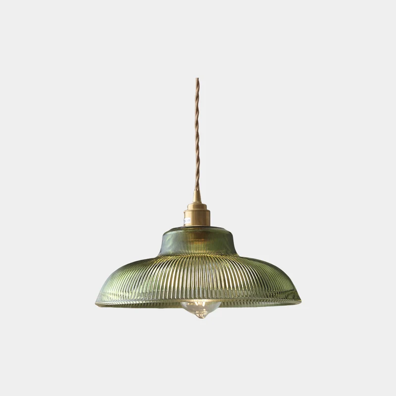 Pendant Light Vintage Brass Ribbed Glass, Green