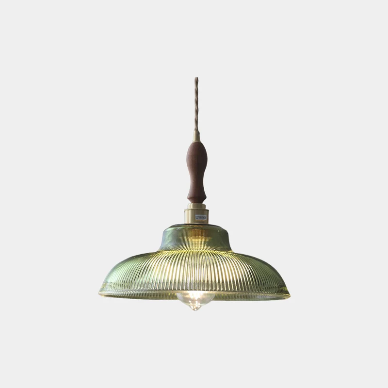 Pendant Light Vintage Brass Ribbed Glass, Green