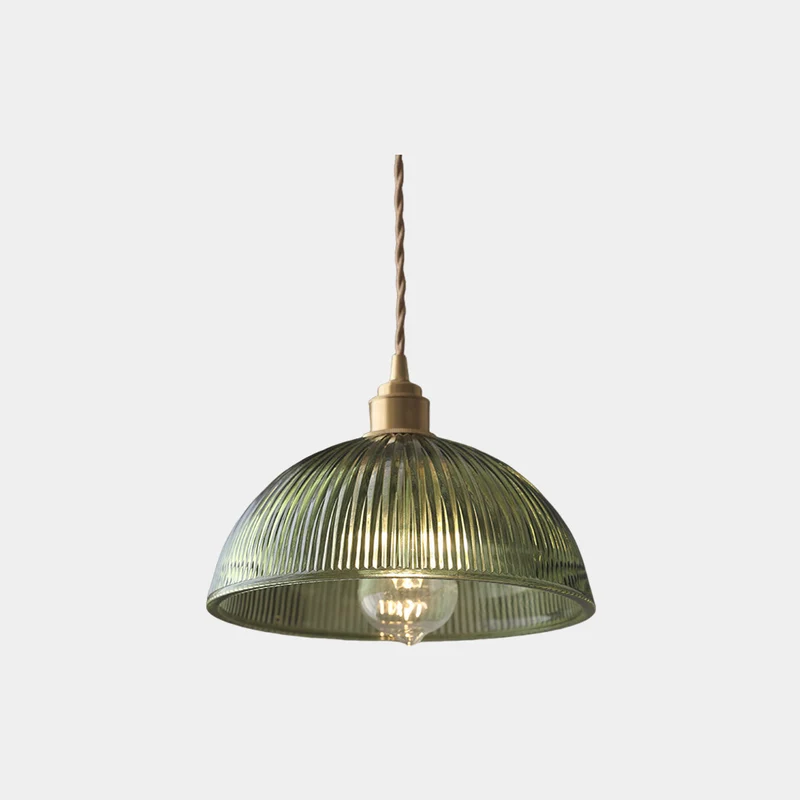 Pendant Light Vintage Brass Ribbed Glass, Green