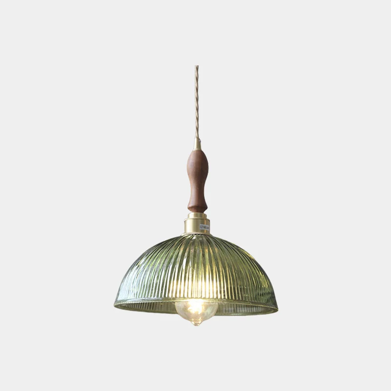 Pendant Light Vintage Brass Ribbed Glass, Green