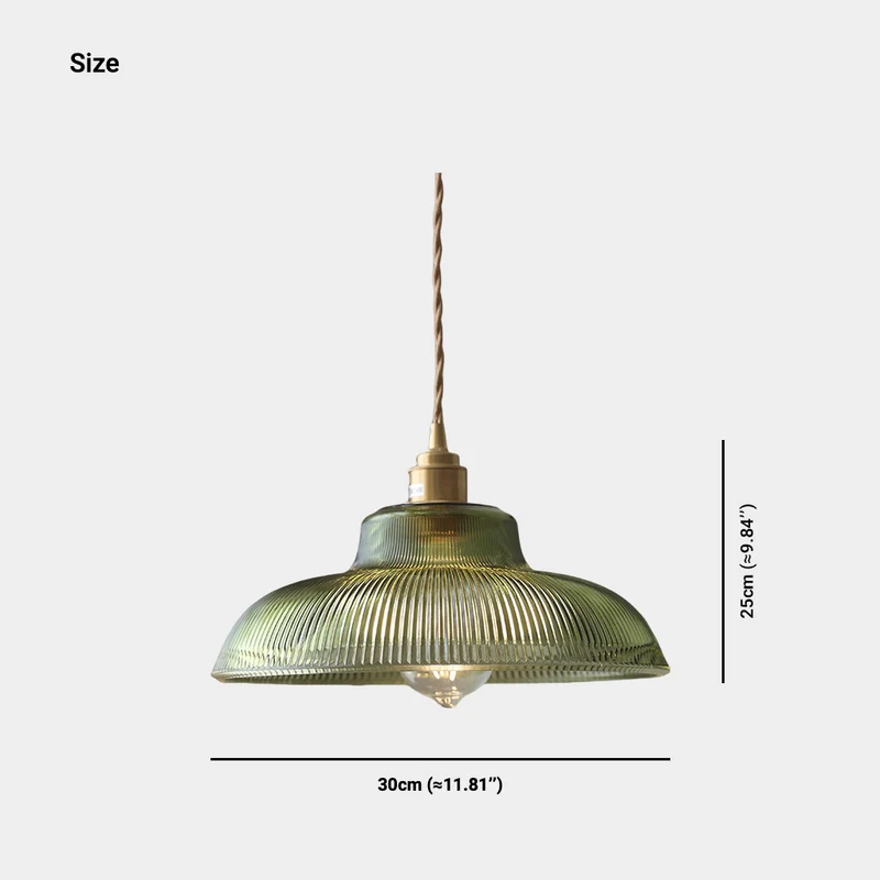 Pendant Light Vintage Brass Ribbed Glass, Green