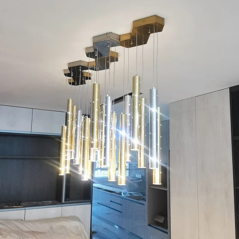 Moderner LED-Kronleuchter aus gebürstetem Stahl für Wohnzimmer – Séraphine