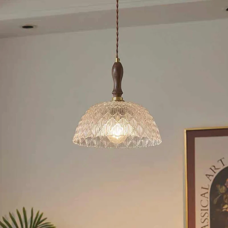Pendant Light French Vintage Walnut Wood Glass Bowl