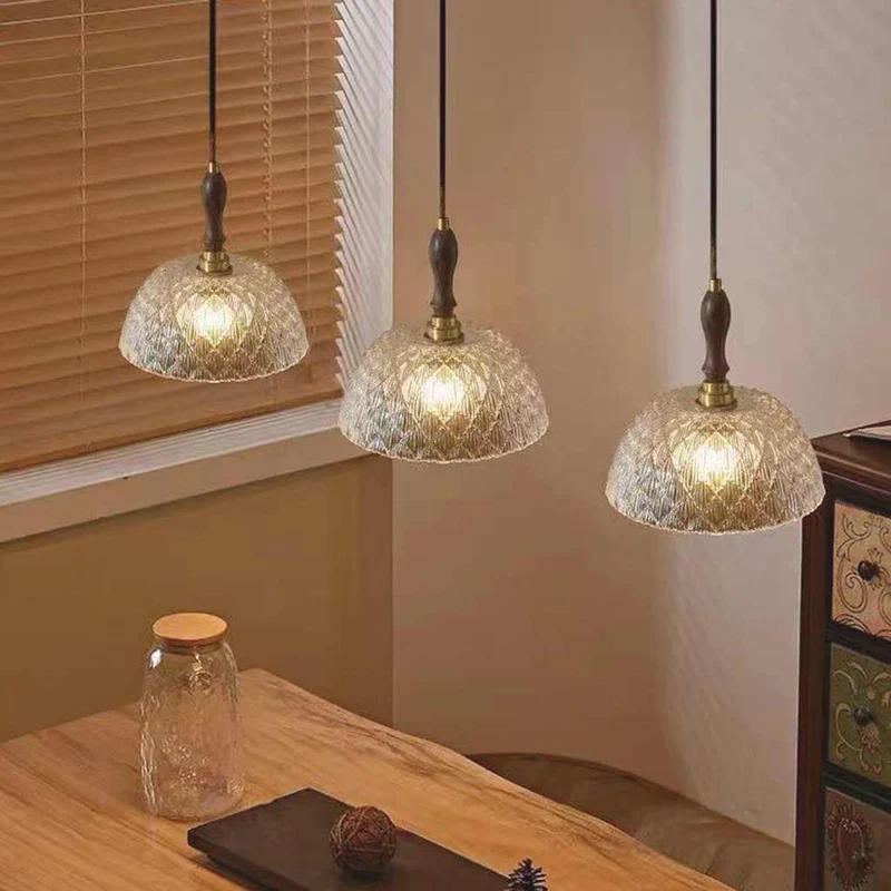 Pendant Light French Vintage Walnut Wood Glass Bowl