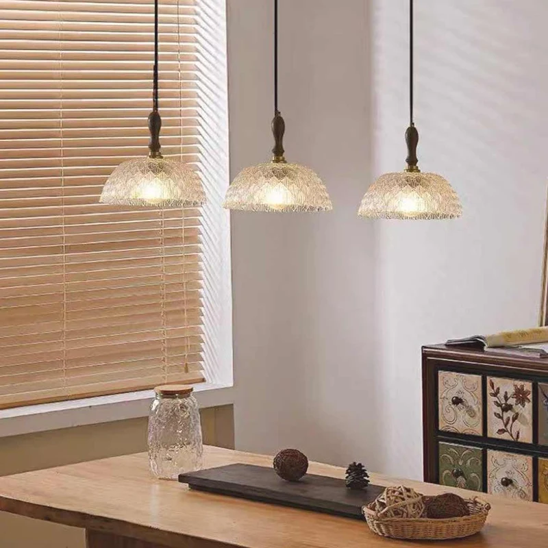 Pendant Light French Vintage Walnut Wood Glass Bowl