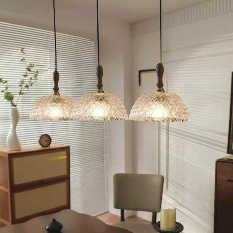 Pendant Light French Vintage Walnut Wood Glass Bowl