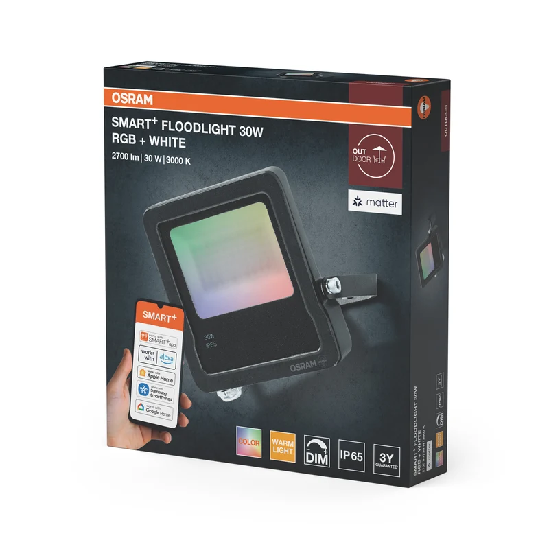 OSRAM SMART+ MATTER Floodlight LED-Fluter, 30W, 2700lm, RGBW 16 Mio. Farben, 3000K, WiFi, Matter, Alexa/Google, IP65