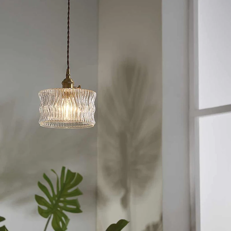Pendant Light Vintage Small Brass Carved Glass Drum
