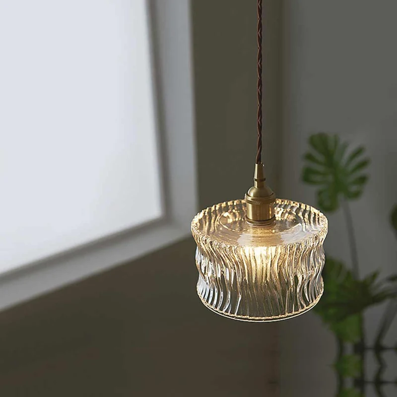 Pendant Light Vintage Small Brass Carved Glass Drum