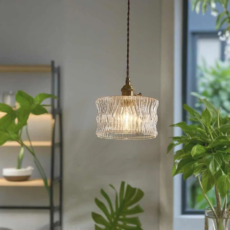 Pendant Light Vintage Small Brass Carved Glass Drum