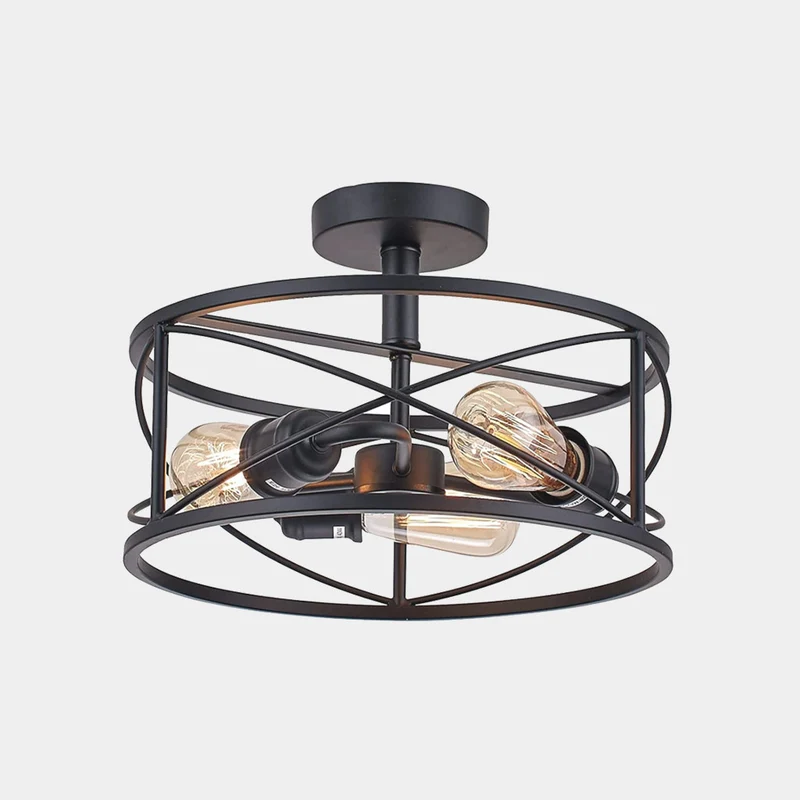 Ceiling Light Farmhouse Industrial Caged Iron Circular Round, Black