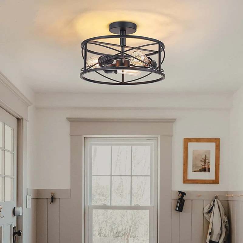 Ceiling Light Farmhouse Industrial Caged Iron Circular Round, Black