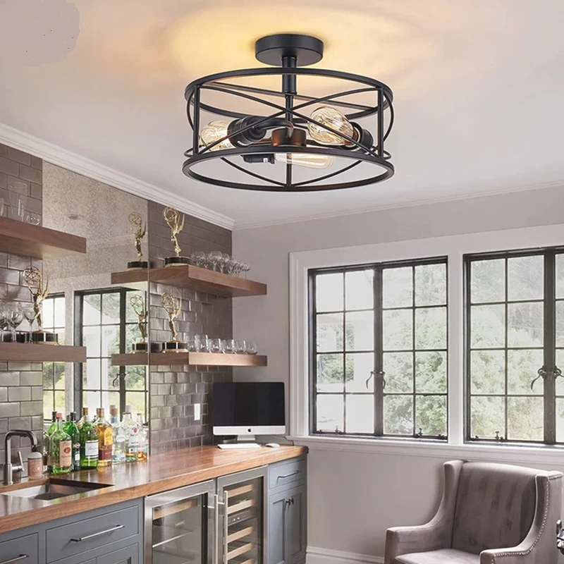Ceiling Light Farmhouse Industrial Caged Iron Circular Round, Black