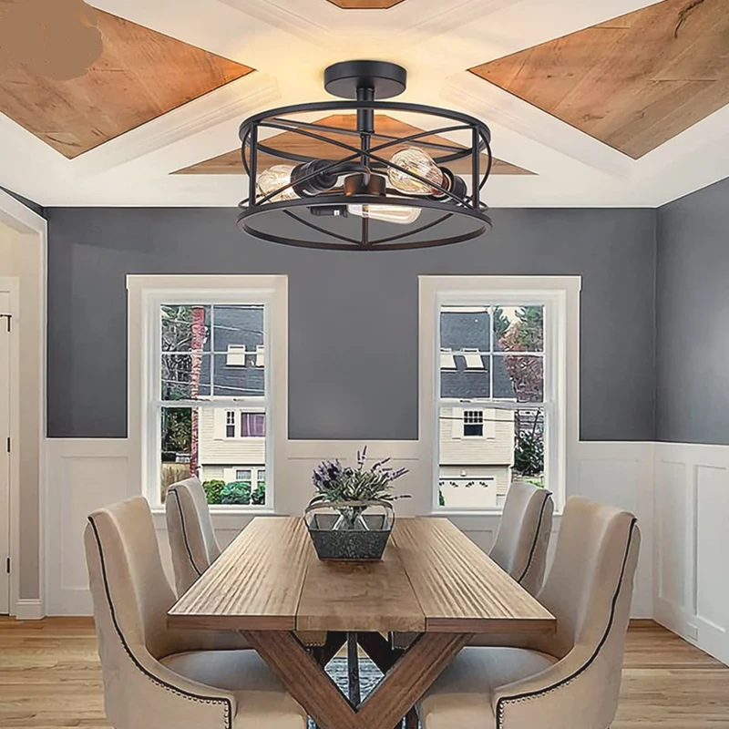 Ceiling Light Farmhouse Industrial Caged Iron Circular Round, Black