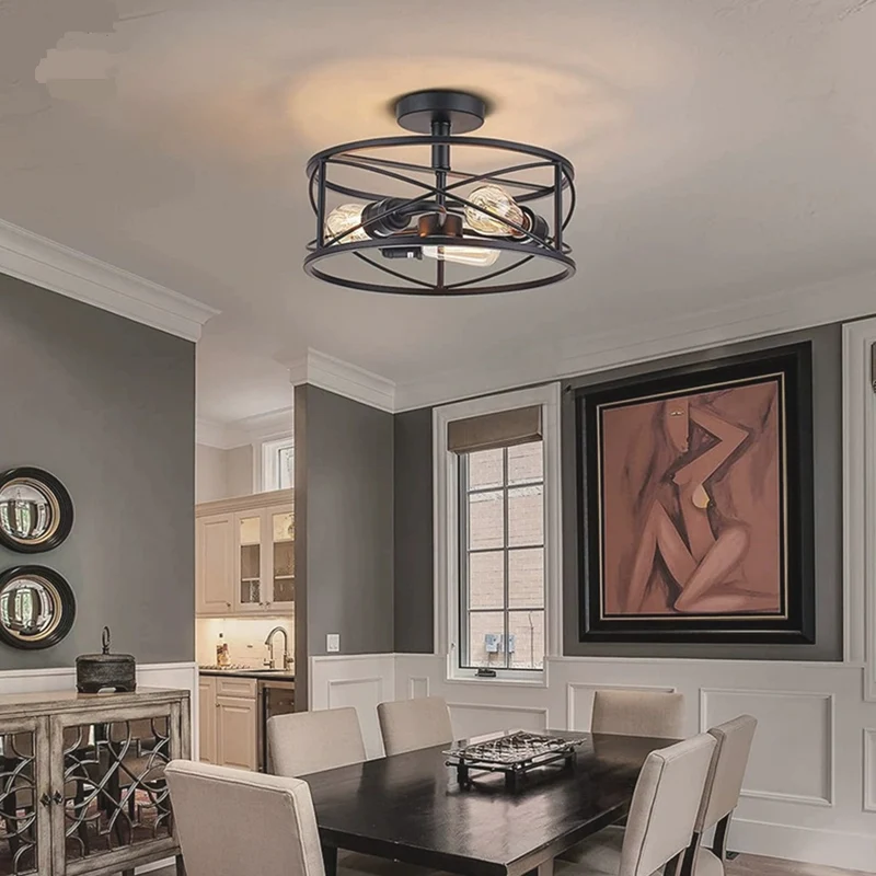 Ceiling Light Farmhouse Industrial Caged Iron Circular Round, Black