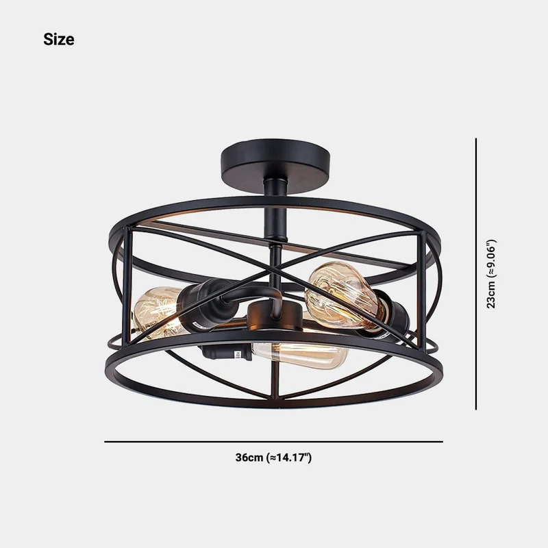 Ceiling Light Farmhouse Industrial Caged Iron Circular Round, Black