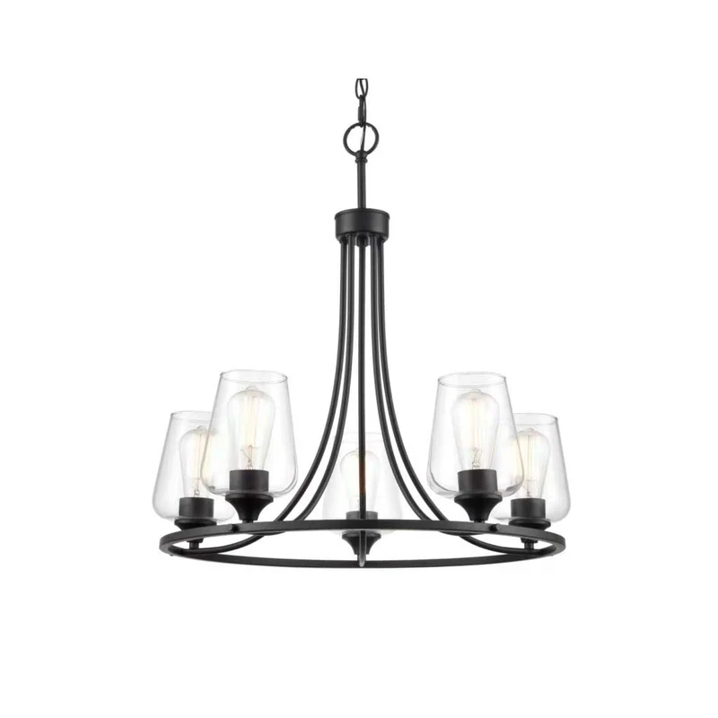 Chandelier Farmhouse Industrial Iron 5 Light Glass Cup, Black