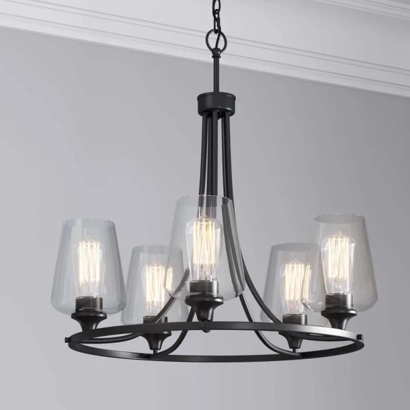 Chandelier Farmhouse Industrial Iron 5 Light Glass Cup, Black