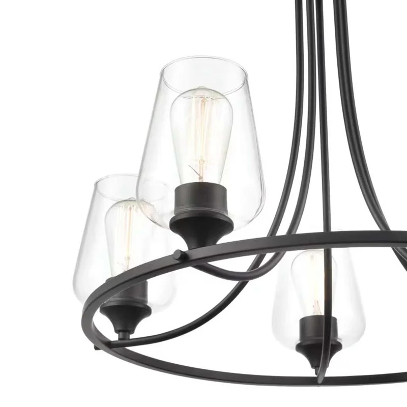 Chandelier Farmhouse Industrial Iron 5 Light Glass Cup, Black