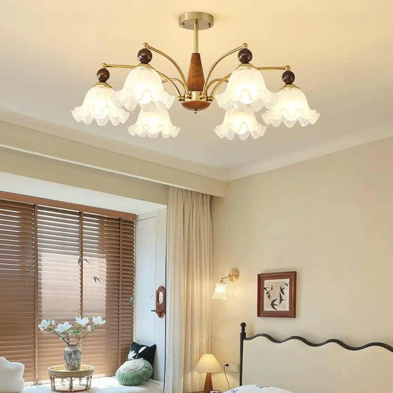 Chandelier Farmhouse Branch Wood Glass Flower Lily of the Valley, White
